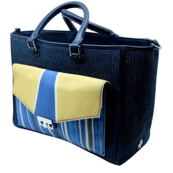 TORY BURCH~T LOCK STRAW TOTE~Navy Yellow TOP HANDLE 3 COMPARTMENT LARGE BAG - Picture 2 of 7